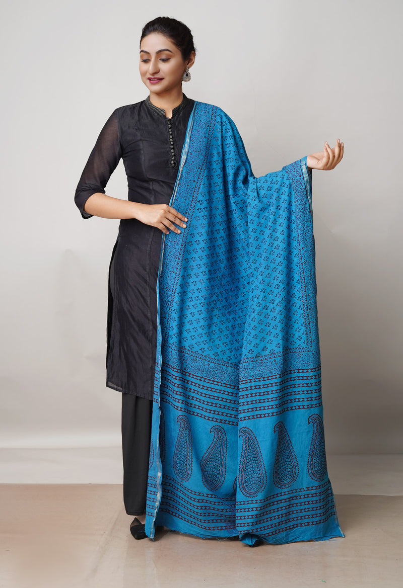 Blue Pure Cotton Bagh Printed Zari Piping Dupatta –UDS5063