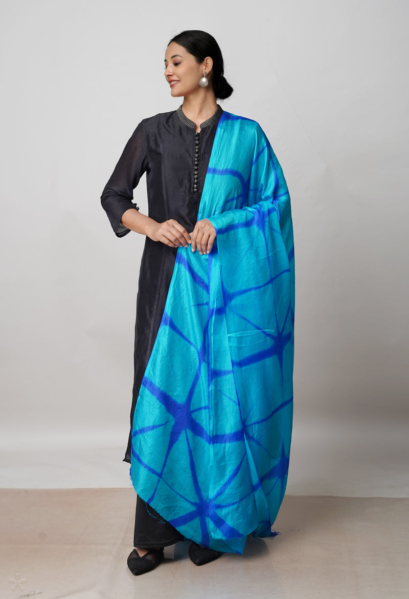 Sky Blue Pure Handloom Clamp Dyeing Mysore Silk Dupatta–UDS5100