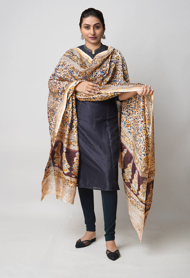 Multi Pure Chanderi Hand Block Printed Kalamkari Dupatta–UDS5190