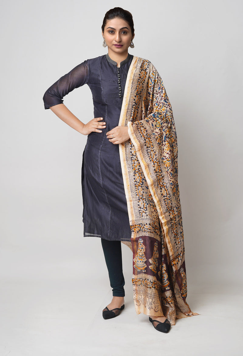Multi Pure Chanderi Hand Block Printed Kalamkari Dupatta–UDS5190