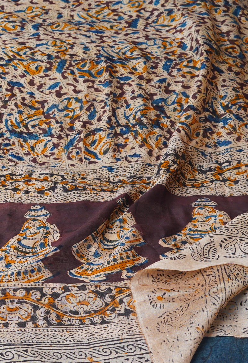 Multi Pure Chanderi Hand Block Printed Kalamkari Dupatta–UDS5190