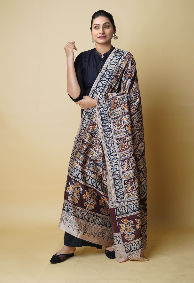 Multi Pure Chanderi Hand Block Printed Kalamkari Dupatta–UDS5199