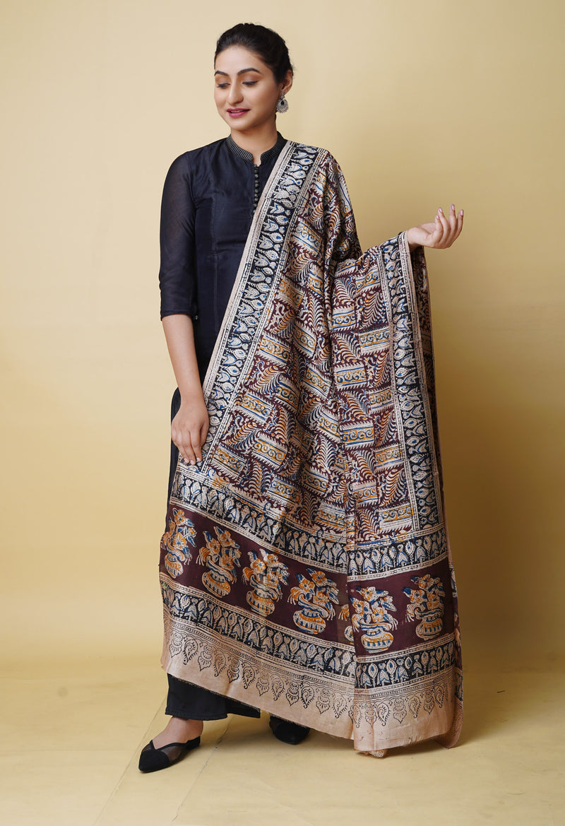 Multi Pure Chanderi Hand Block Printed Kalamkari Dupatta–UDS5199