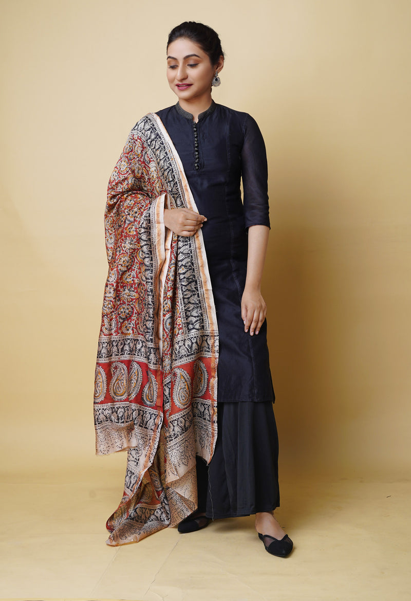 Multi Pure Chanderi Hand Block Printed Kalamkari Dupatta–UDS5204