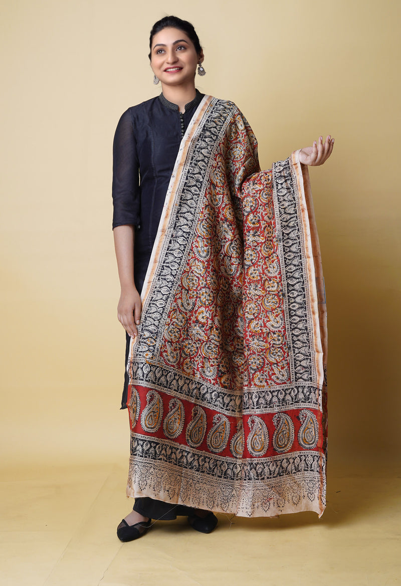 Multi Pure Chanderi Hand Block Printed Kalamkari Dupatta–UDS5204