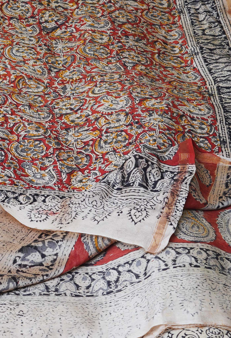 Multi Pure Chanderi Hand Block Printed Kalamkari Dupatta–UDS5204