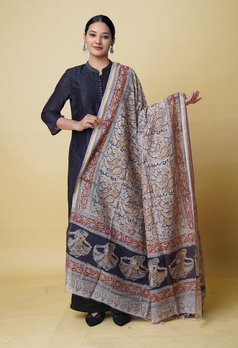 Multi Pure Chanderi Hand Block Printed Kalamkari Dupatta–UDS5210