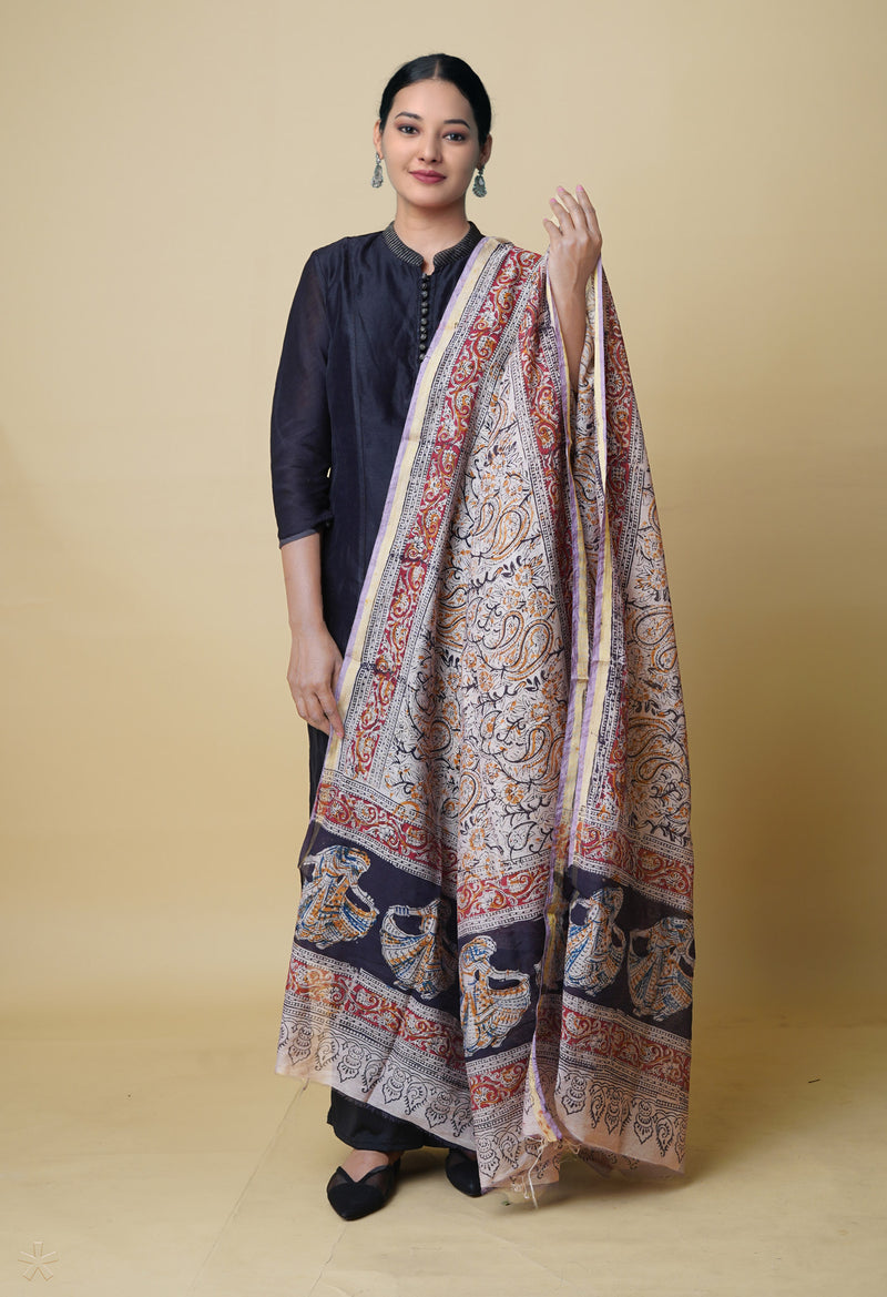 Multi Pure Chanderi Hand Block Printed Kalamkari Dupatta–UDS5210