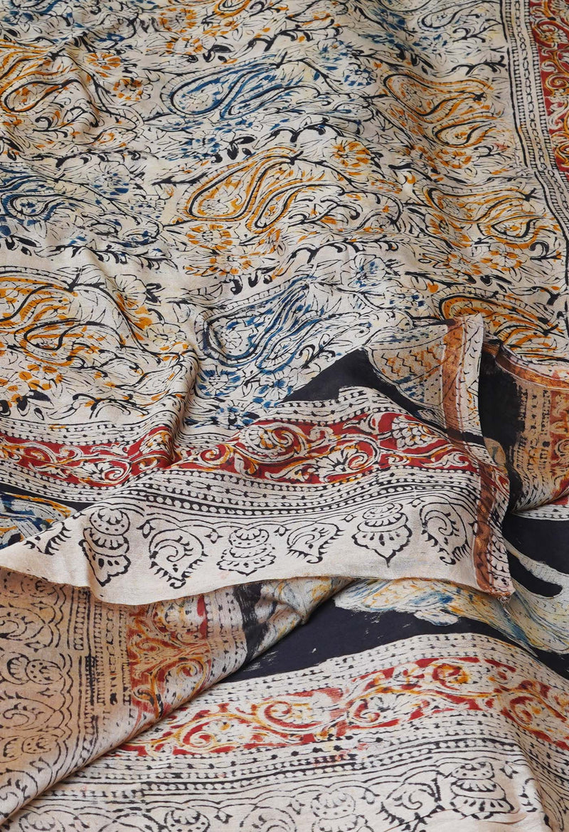Multi Pure Chanderi Hand Block Printed Kalamkari Dupatta–UDS5210