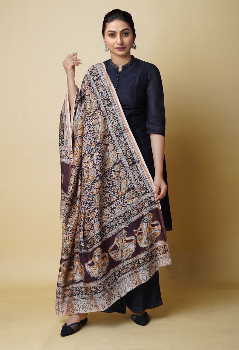 Multi Pure Chanderi Hand Block Printed Kalamkari Dupatta–UDS5219