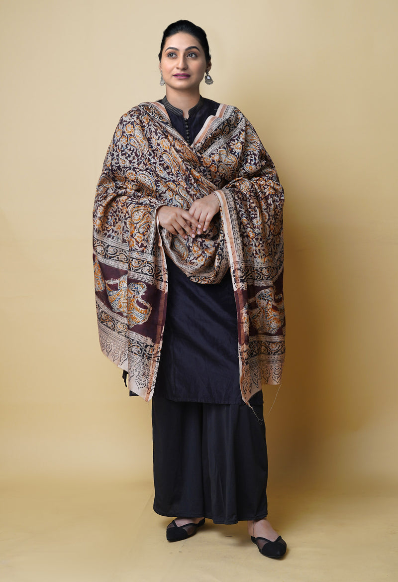 Multi Pure Chanderi Hand Block Printed Kalamkari Dupatta–UDS5219