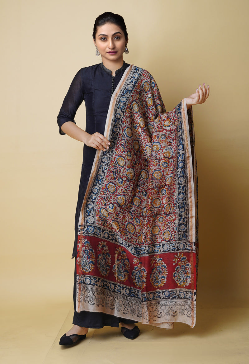 Multi Pure Chanderi Hand Block Printed Kalamkari Dupatta–UDS5221