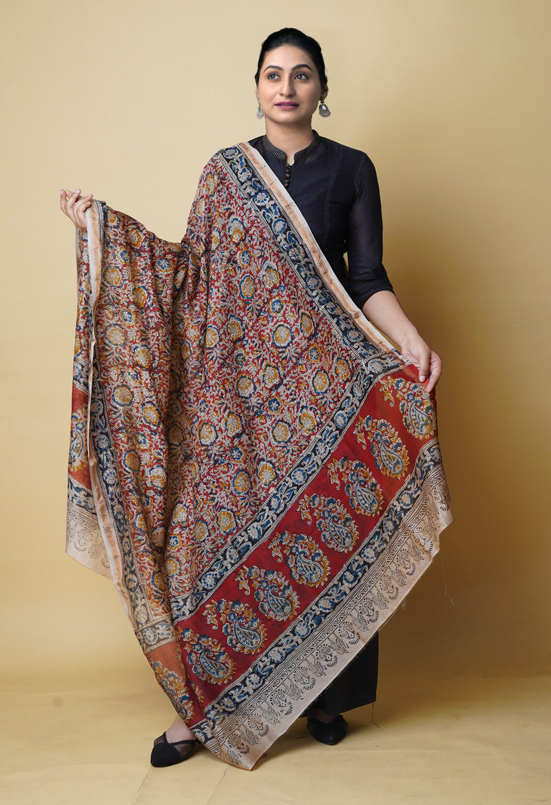 Multi Pure Chanderi Hand Block Printed Kalamkari Dupatta–UDS5221