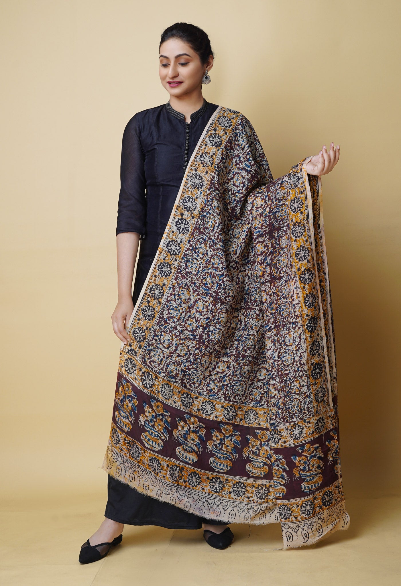 Multi Pure Hand Block Kalamkari Soft Silk Dupatta–UDS5233