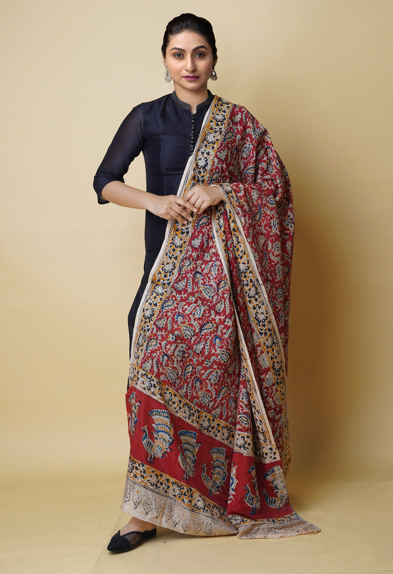 Multi Pure Hand Block Kalamkari Soft Silk Dupatta–UDS5235