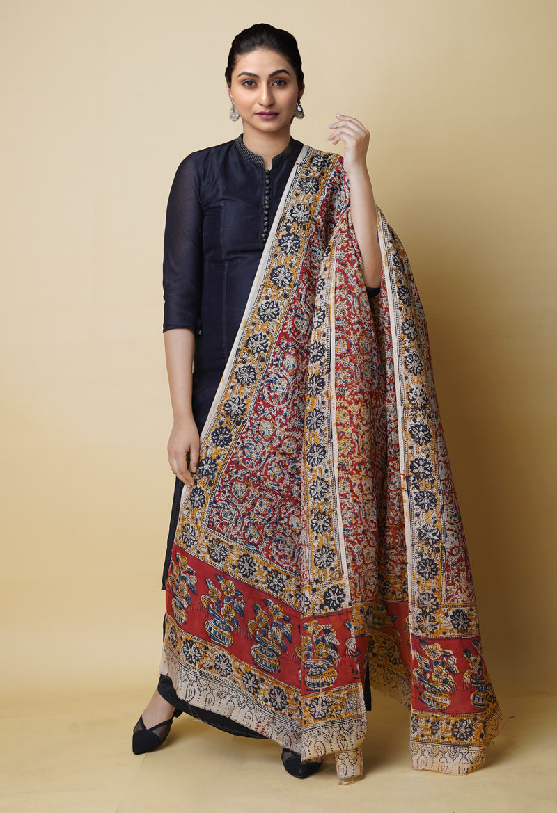 Multi Pure Hand Block Kalamkari Soft Silk Dupatta–UDS5238