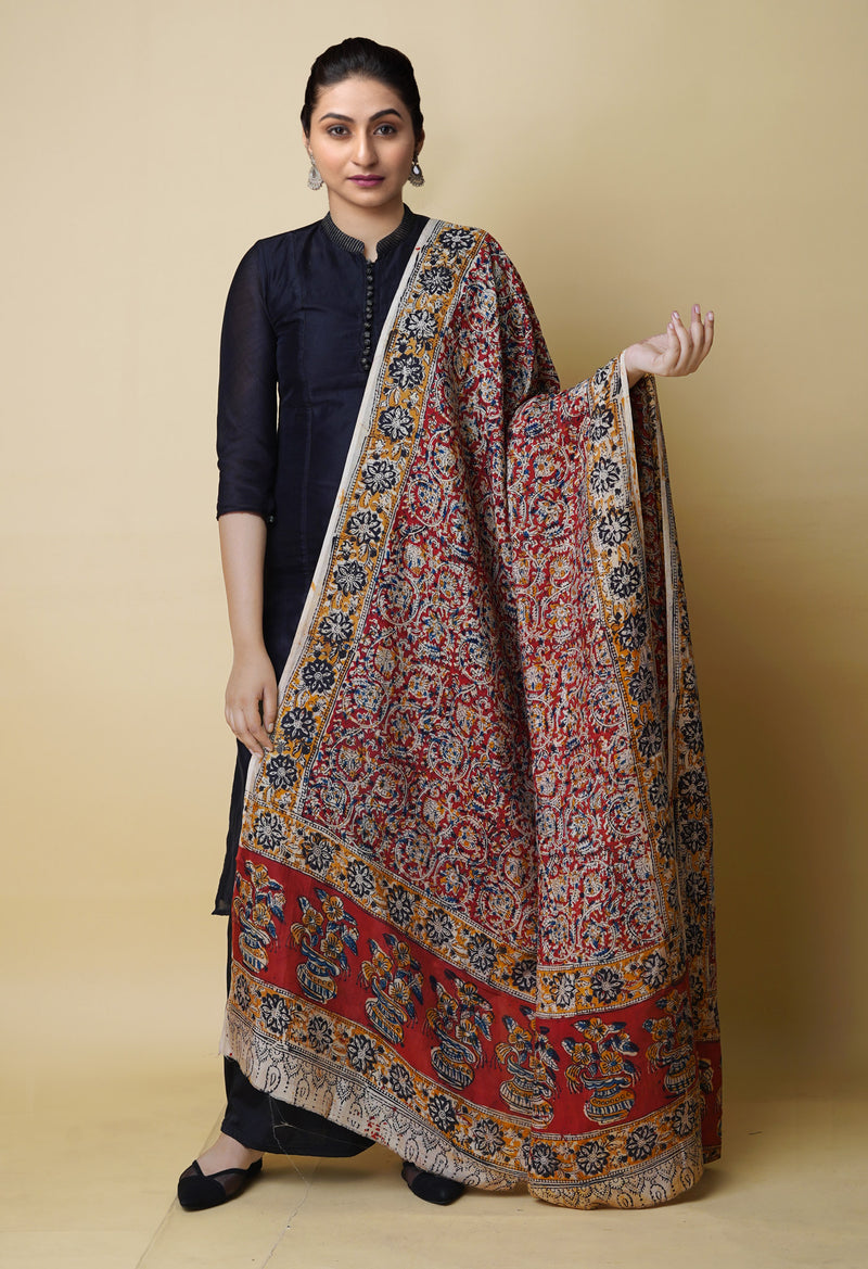 Multi Pure Hand Block Kalamkari Soft Silk Dupatta–UDS5238