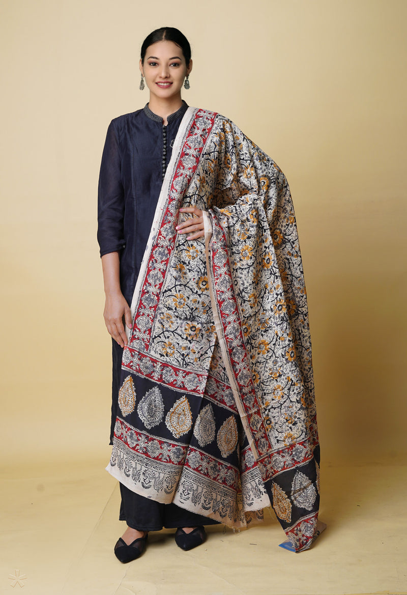 Multi Pure Hand Block Kalamkari Soft Silk Dupatta–UDS5243