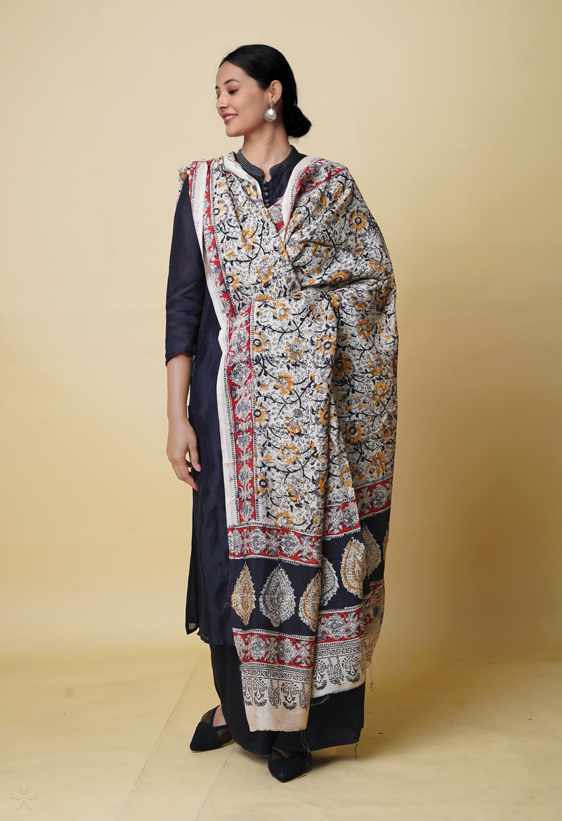 Multi Pure Hand Block Kalamkari Soft Silk Dupatta–UDS5243