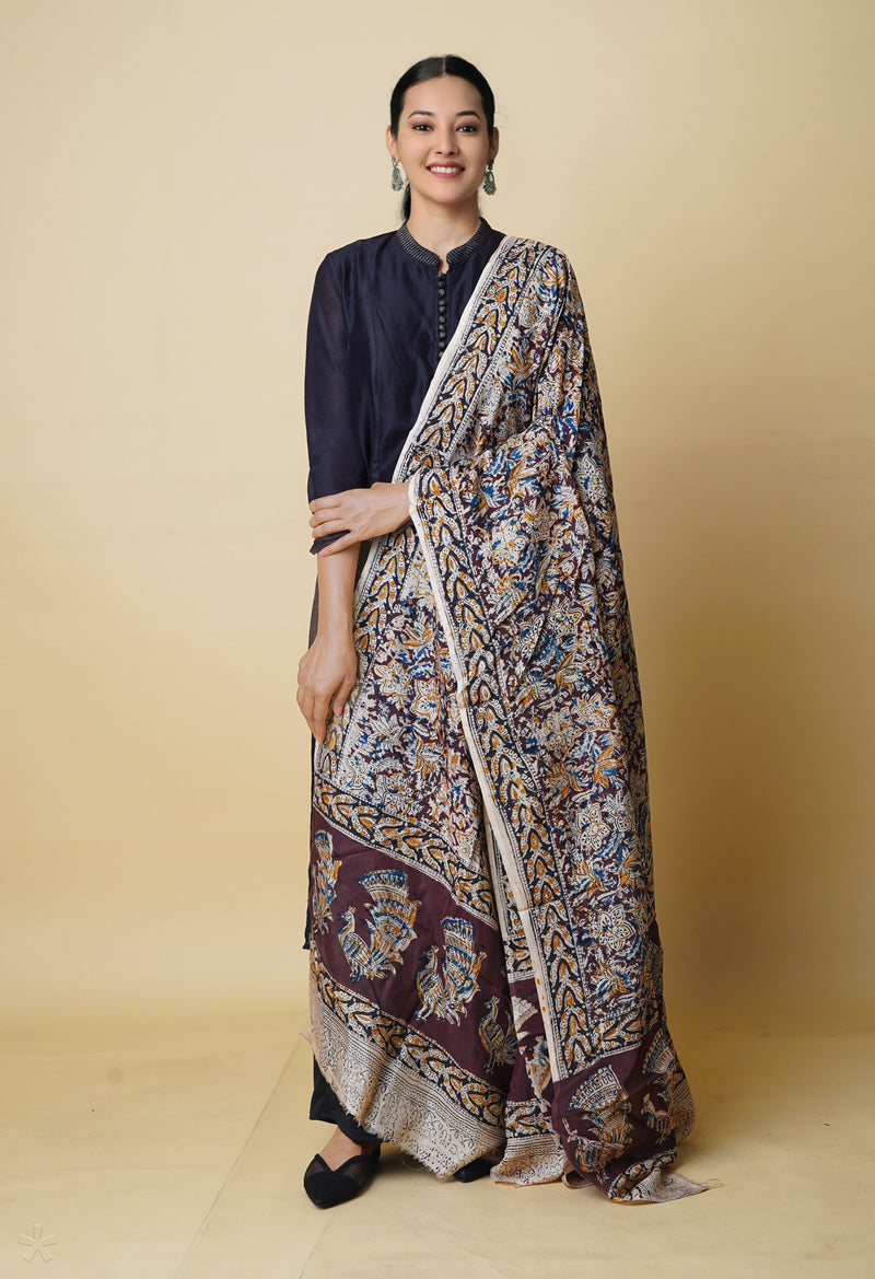 Multi Pure Hand Block Kalamkari Soft Silk Dupatta–UDS5245