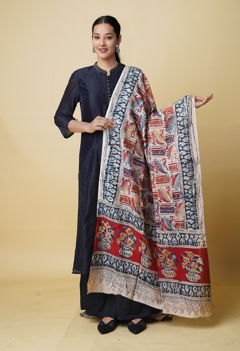 Multi Pure Hand Block Kalamkari Soft Silk Dupatta–UDS5246