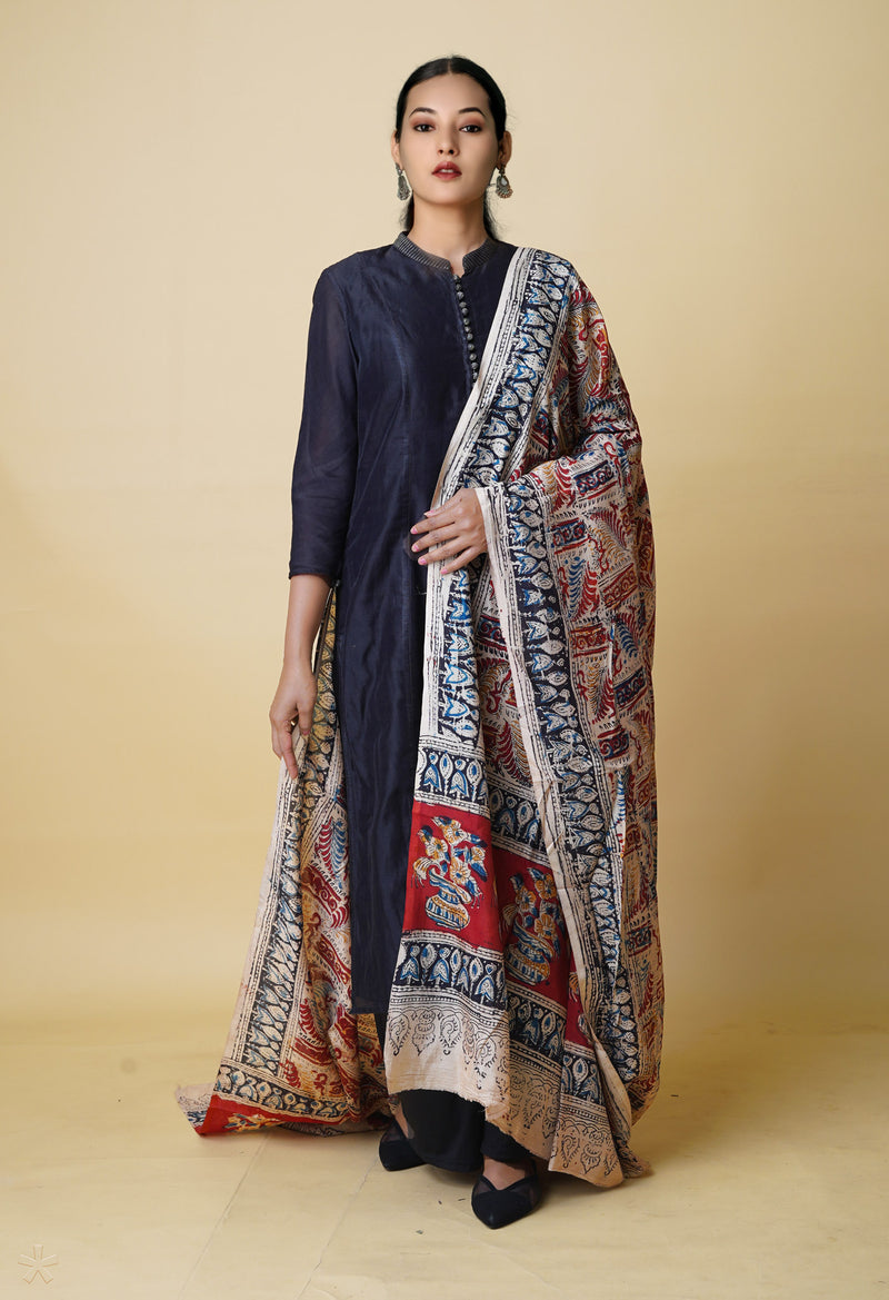 Multi Pure Hand Block Kalamkari Soft Silk Dupatta–UDS5246