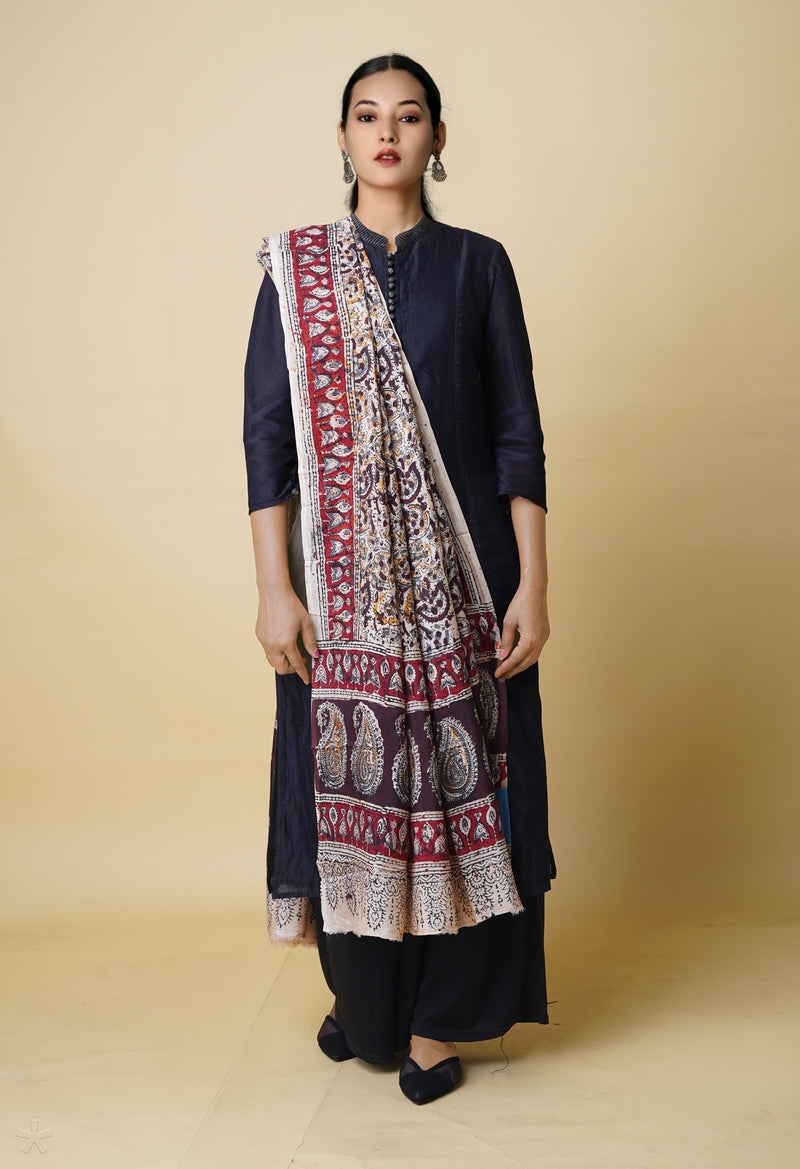 Multi Pure Hand Block Kalamkari Soft Silk Dupatta–UDS5253