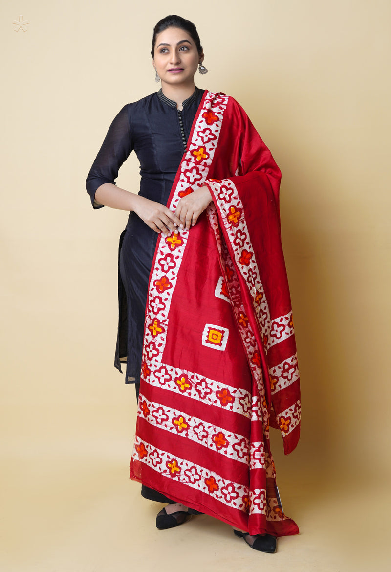 Red Pure Batik Printed Chanderi Sico Dupatta– UDS5290