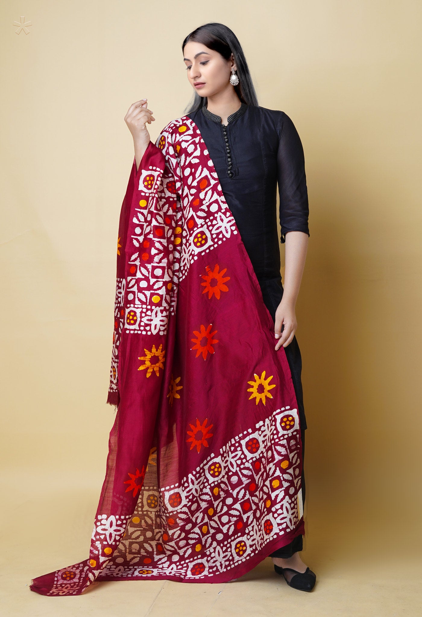 Maroon Pure Batik Printed Chanderi Sico Dupatta– UDS5293