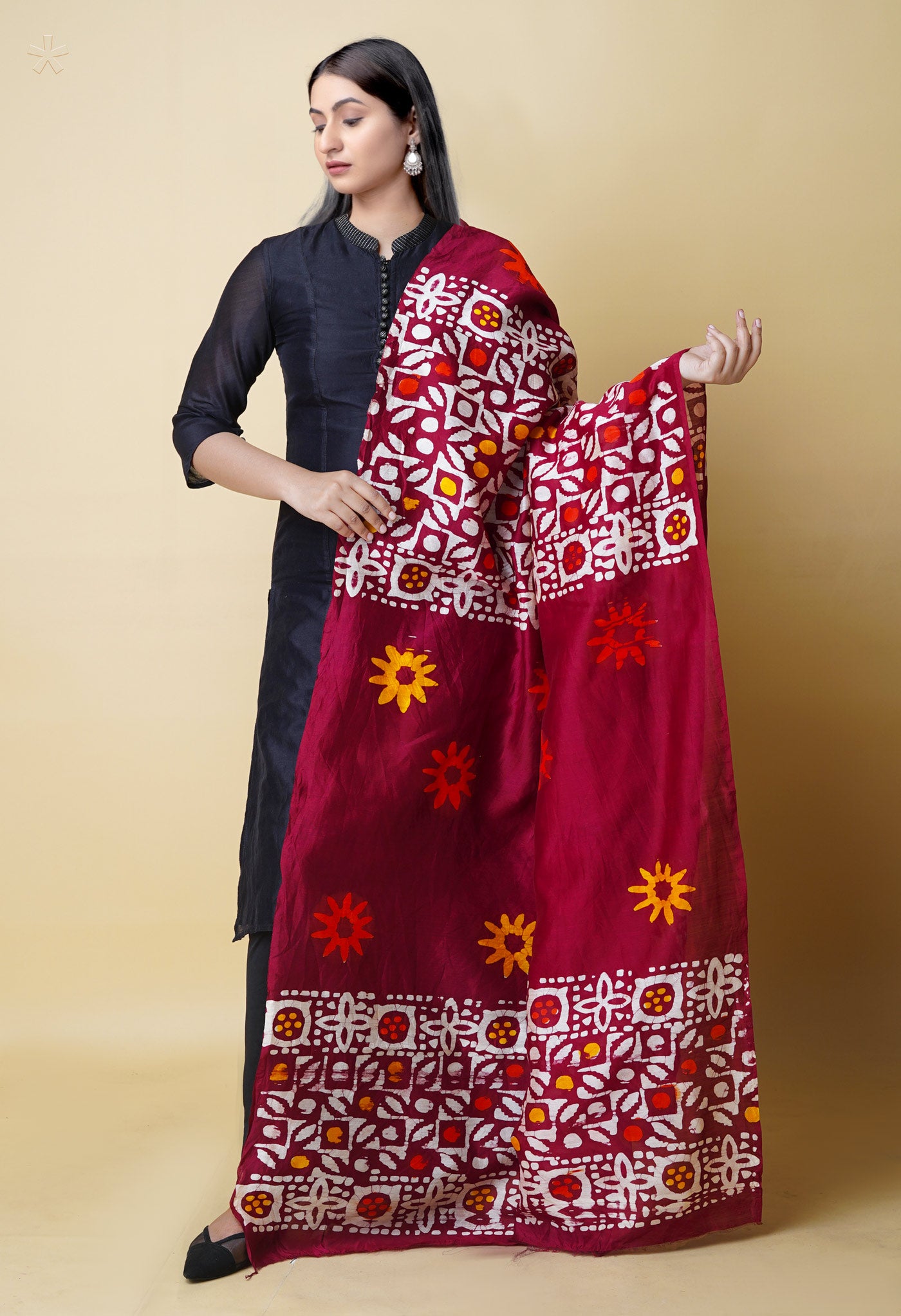 Maroon Pure Batik Printed Chanderi Sico Dupatta– UDS5293