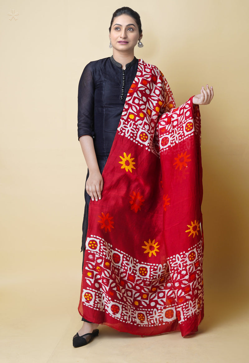 Red Pure Batik Printed Chanderi Sico Dupatta– UDS5295