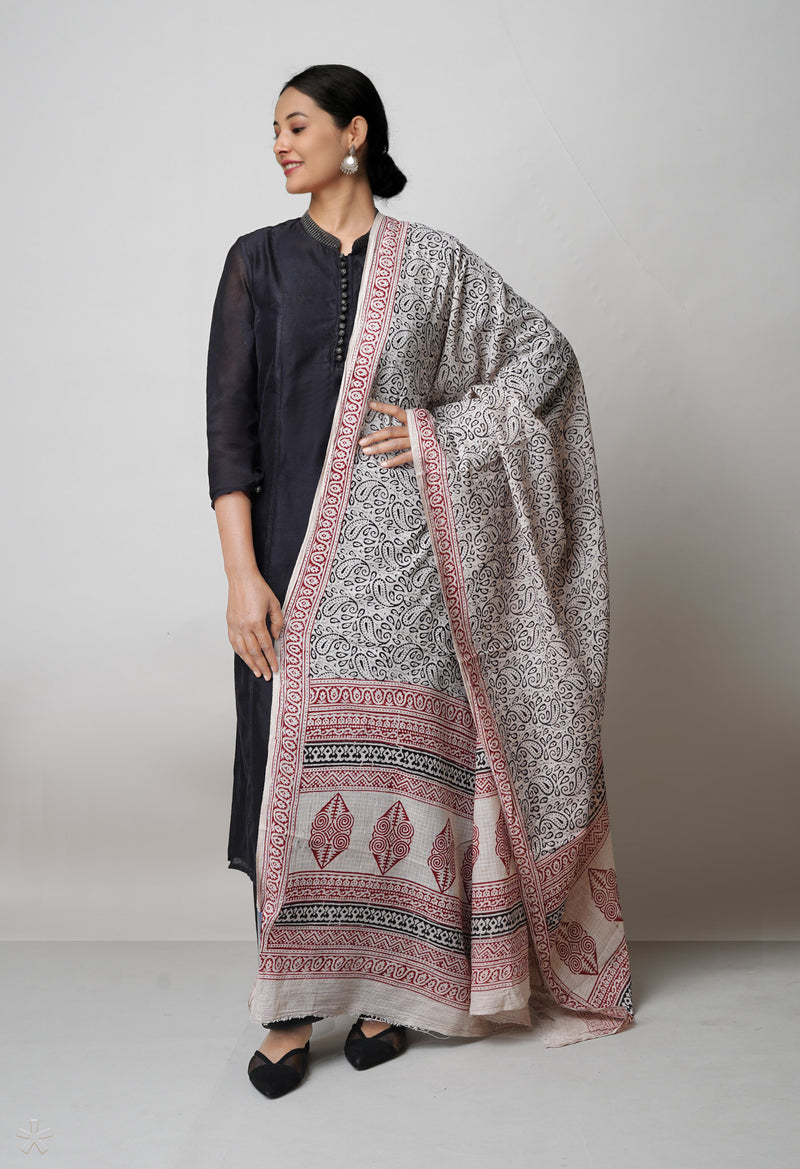 Half White Bagh Printed kota Cotton Dupatta–UDS5356