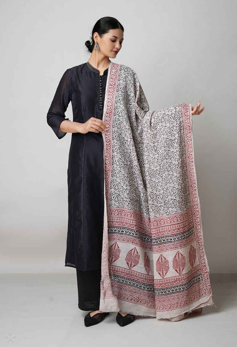 Half White Bagh Printed kota Cotton Dupatta–UDS5356