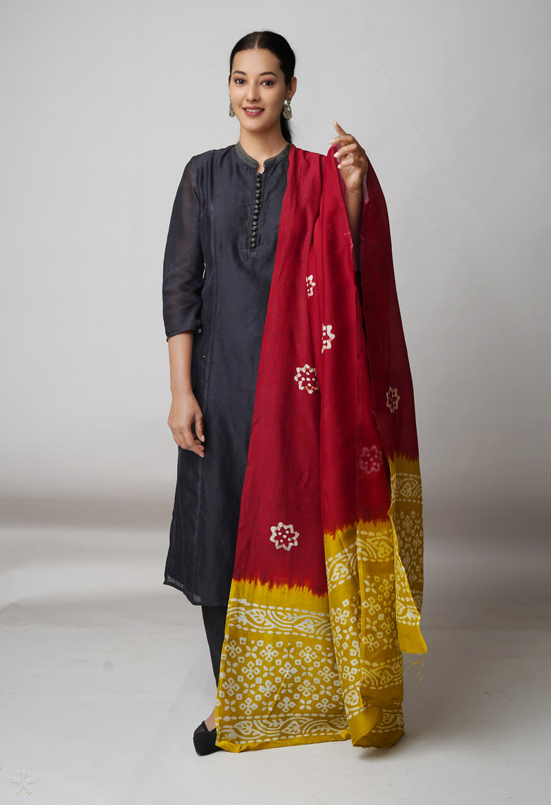 Red Pure Chanderi Hand Batik Printed Sico Dupatta–UDS5392