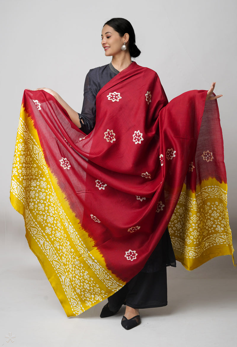 Red Pure Chanderi Hand Batik Printed Sico Dupatta–UDS5392
