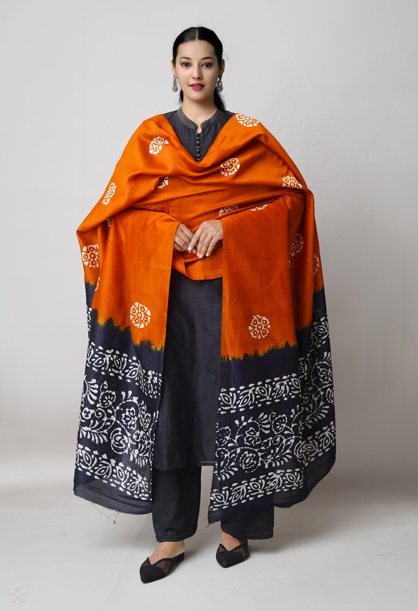 Rust Orange Pure Chanderi Hand Batik Printed Sico Dupatta–UDS5393