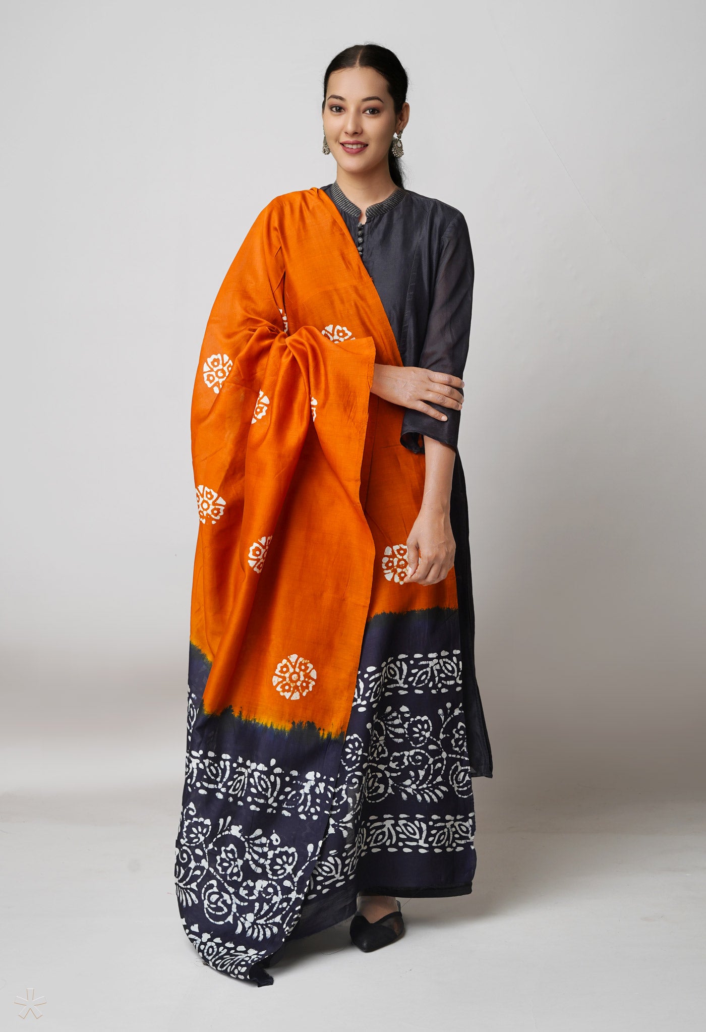 Rust Orange Pure Chanderi Hand Batik Printed Sico Dupatta–UDS5393