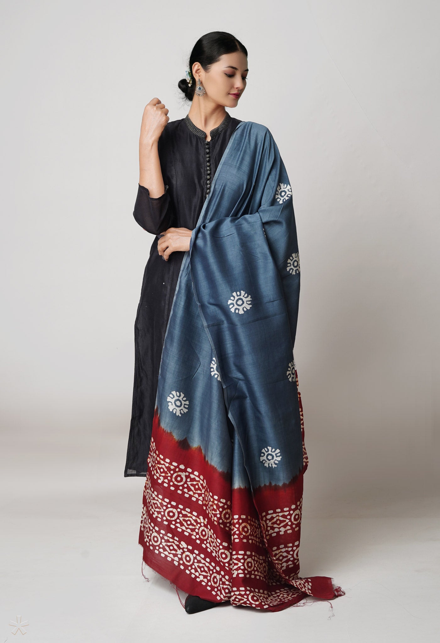 Grey Pure Chanderi Hand Batik Printed Sico Dupatta–UDS5396