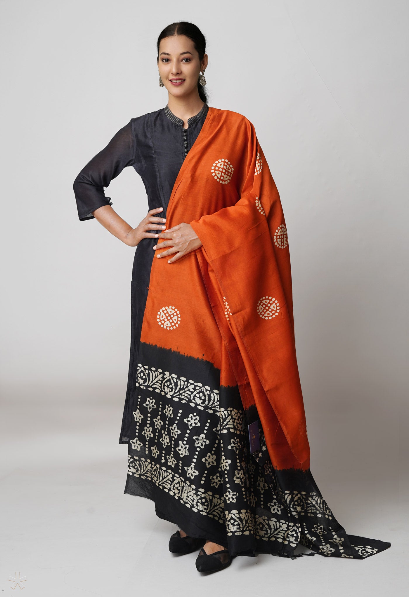 Rust Orange Pure Chanderi Hand Batik Printed Sico Dupatta–UDS5397