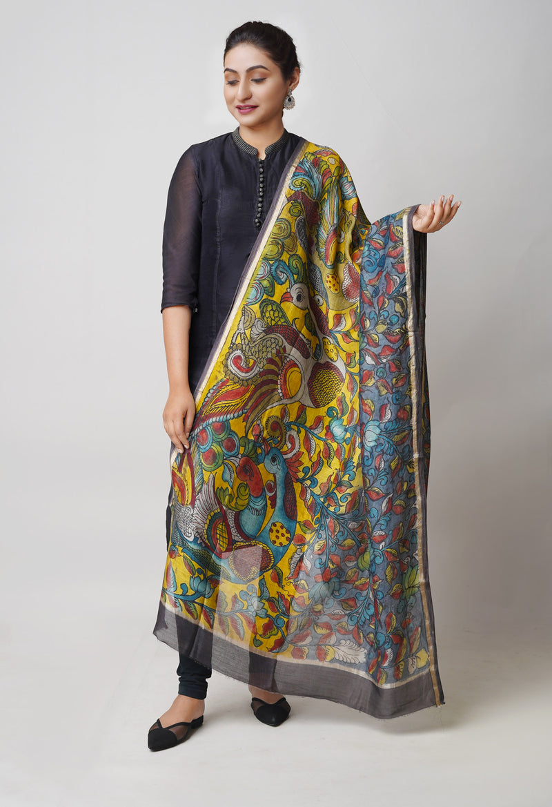 Pewter Grey Pure Pen Kalamkari Hand Painted Chanderi Cotton Silk Dupatta –UDS5414
