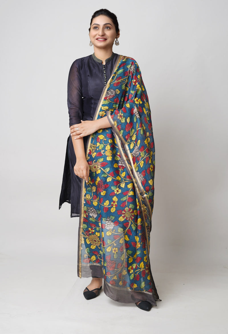 Peacock Blue Pure Pen Kalamkari Hand Painted Chanderi Cotton Silk Dupatta –UDS5422