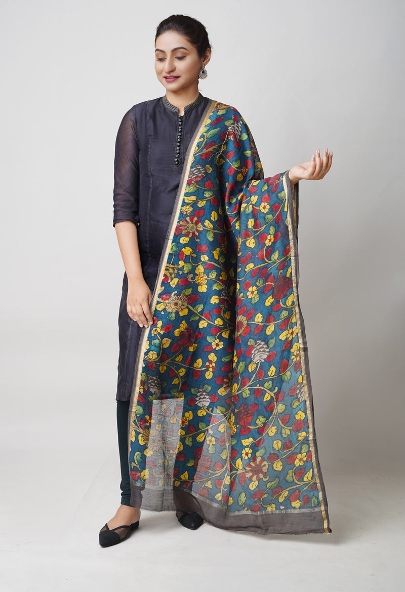 Peacock Blue Pure Pen Kalamkari Hand Painted Chanderi Cotton Silk Dupatta –UDS5422