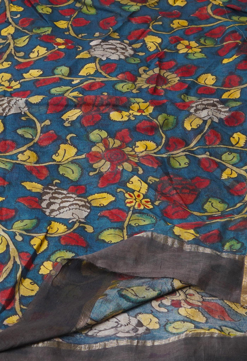 Peacock Blue Pure Pen Kalamkari Hand Painted Chanderi Cotton Silk Dupatta –UDS5422