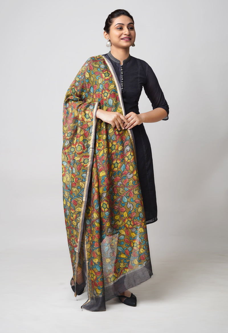 Olive Green Pure Pen Kalamkari Hand Painted Chanderi Cotton Silk Dupatta –UDS5431