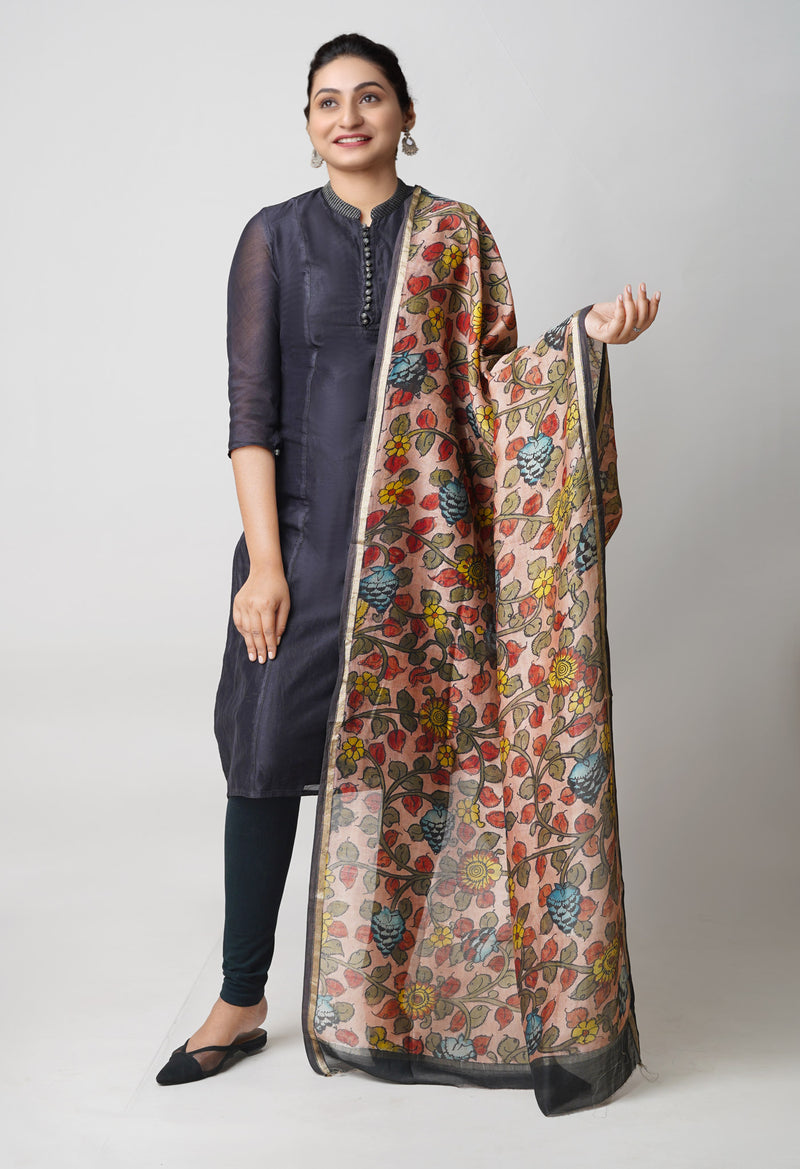 Peach Pink Pure Pen Kalamkari Hand Painted Chanderi Cotton Silk Dupatta –UDS5441