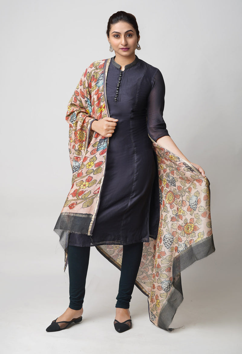 Peach Pink Pure Pen Kalamkari Hand Painted Chanderi Cotton Silk Dupatta –UDS5441