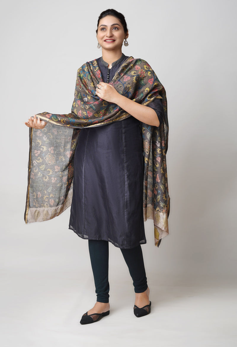 Dark Chocolate Brown Pure Pen Kalamkari Hand Painted Chanderi Cotton Silk Dupatta –UDS5442