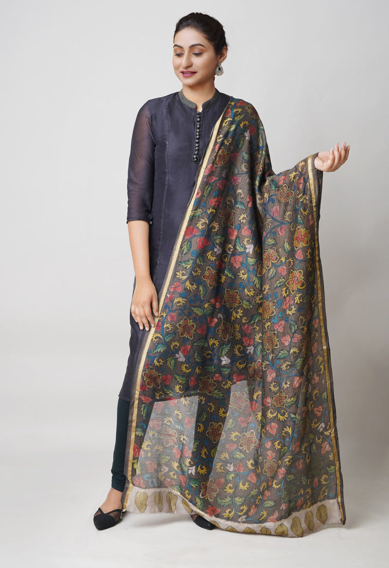 Dark Chocolate Brown Pure Pen Kalamkari Hand Painted Chanderi Cotton Silk Dupatta –UDS5442