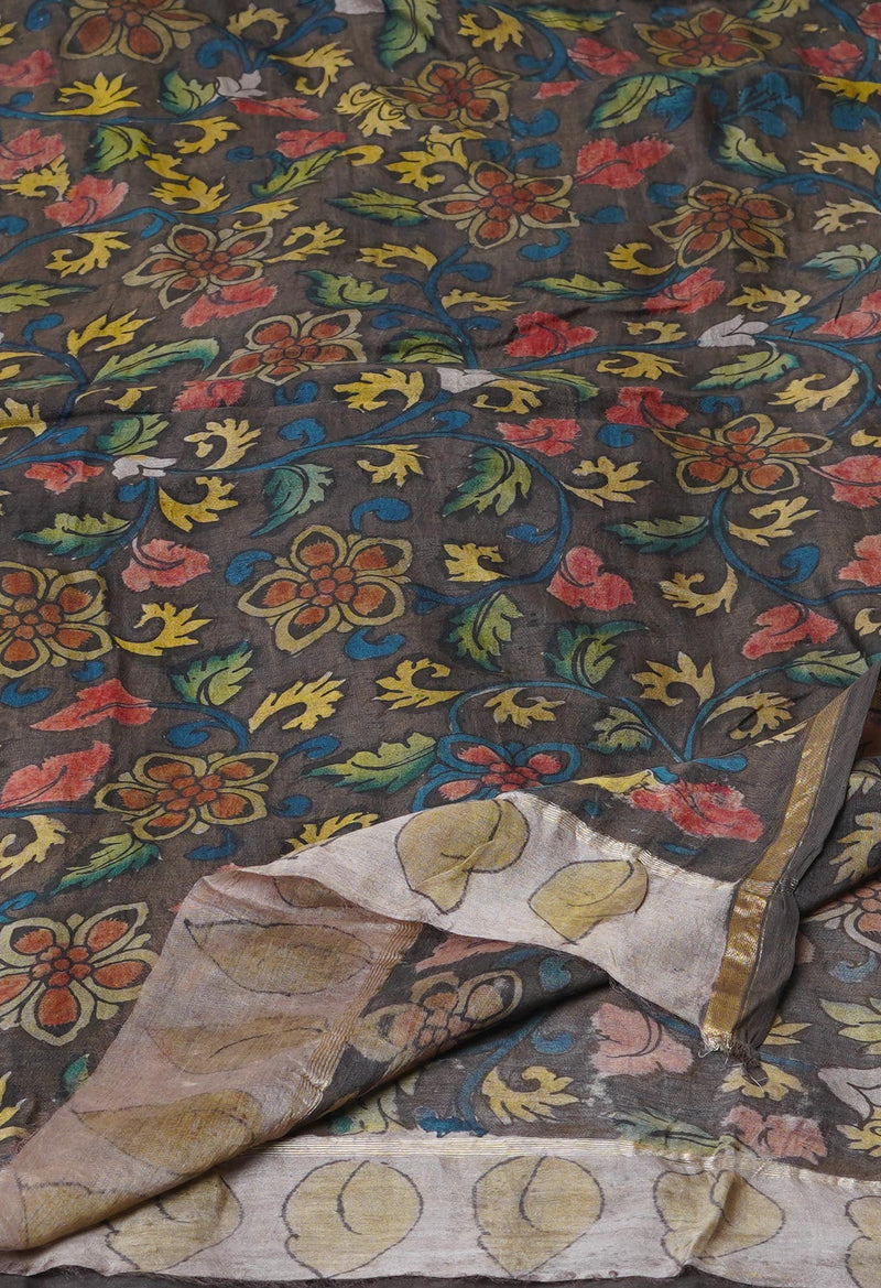 Dark Chocolate Brown Pure Pen Kalamkari Hand Painted Chanderi Cotton Silk Dupatta –UDS5442