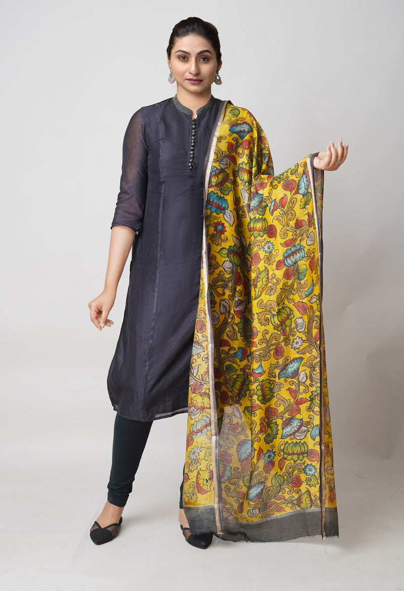 Yellow Pure Pen Kalamkari Hand Painted Chanderi Cotton Silk Dupatta –UDS5444